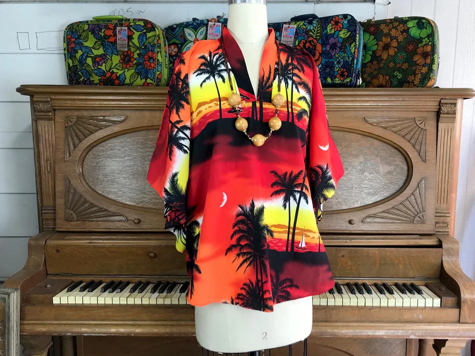 Vintage 70s | Hawaiian Hippie Boho Dashiki Shirt Top Blouse Poncho | Free Size