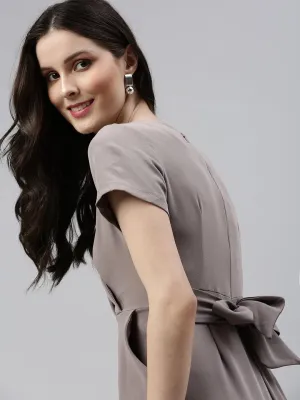 Women Beige Solid V-Neck Capri Jumpsuit