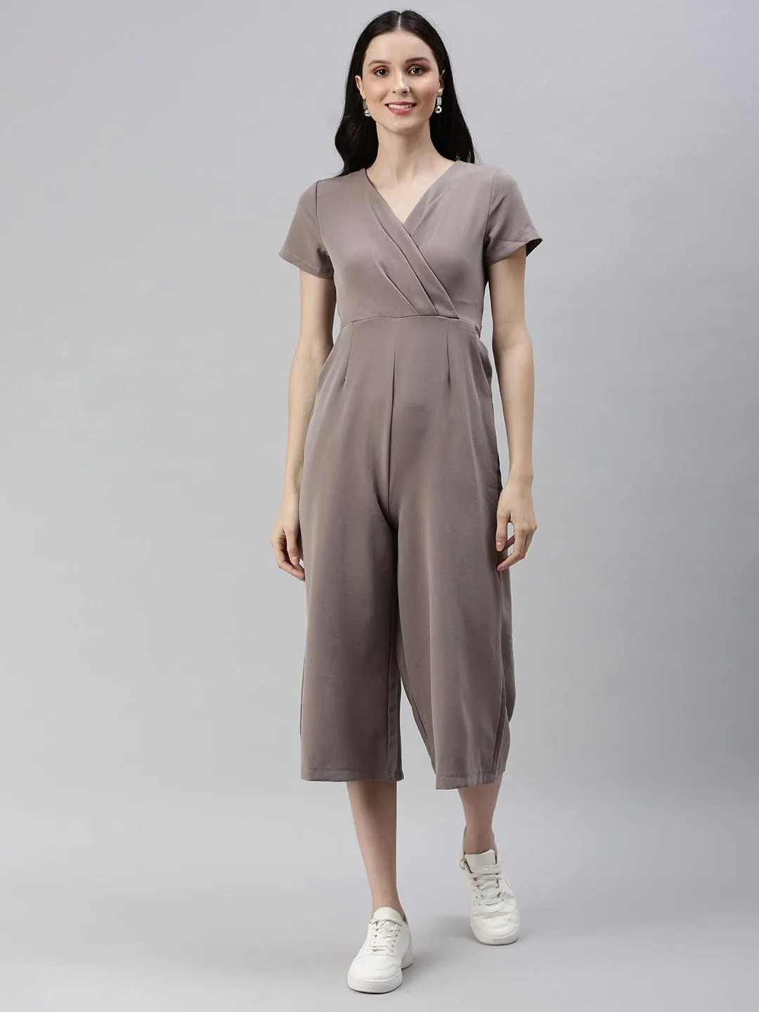 Women Beige Solid V-Neck Capri Jumpsuit