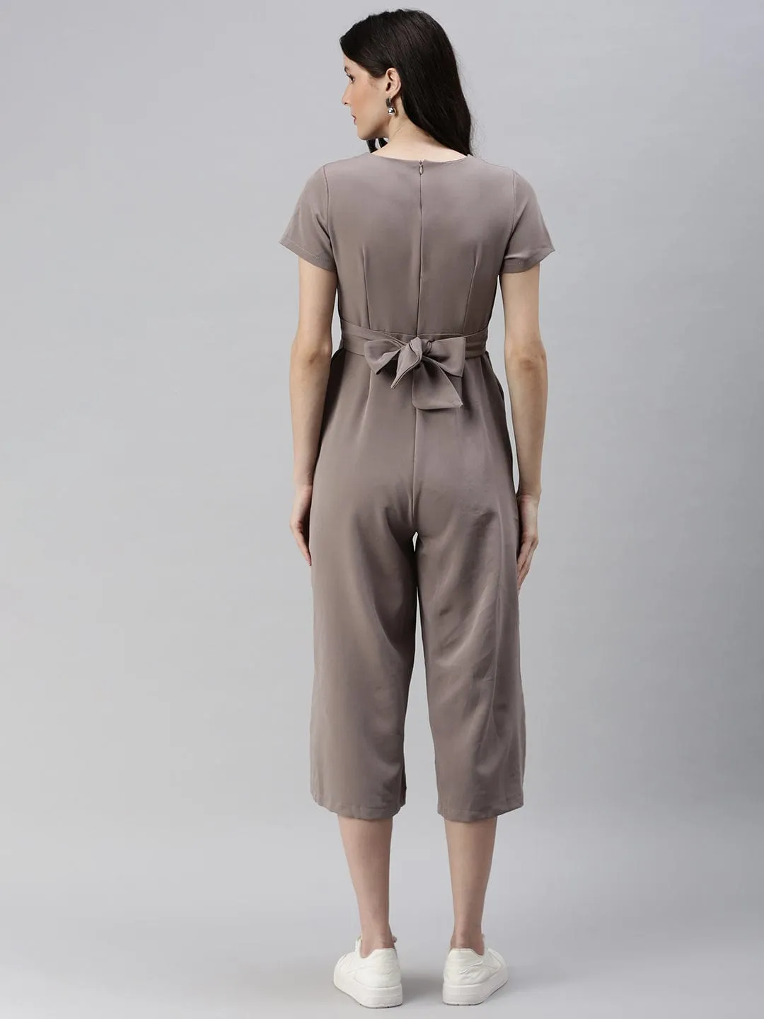 Women Beige Solid V-Neck Capri Jumpsuit