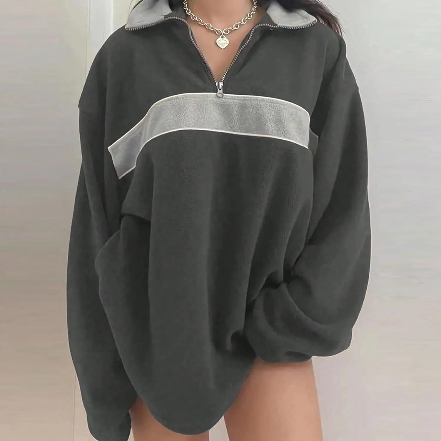 ZWRXW Women's Oversized Half Zip Sweatshirts Color Block Long Sleeve Lapel Pullover Casual Loose Fit Tops Fall Winter Clothes